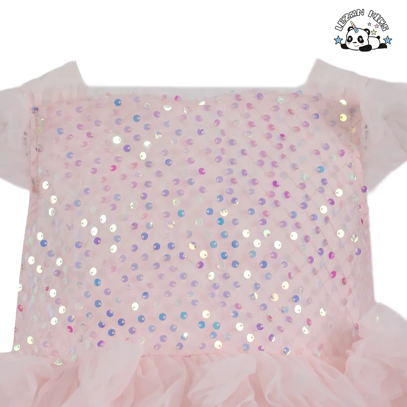 LEZONKIDS - Vestido de festa personalizado com manga franzida e estampa de lantejoulas para meninas de 2 a 14 anos